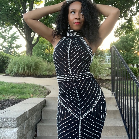 Beaded Pearl and Rhinestone Bandage Dress - Picture 3 of 14